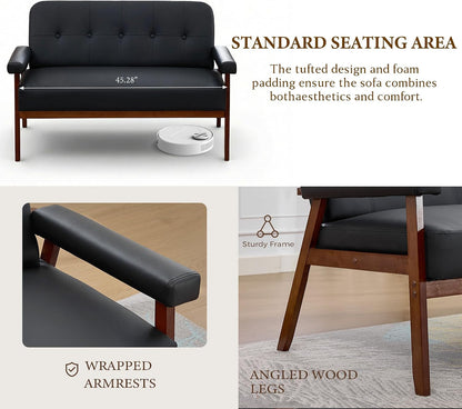 Black Leather Loveseat and Accent Chairs, Mid-Century Modern Office Furniture Sofa and Chair Set, Small Love Seat Couches with Wood Arm, 3 Pieces Living Room Furniture Sets (3)3
