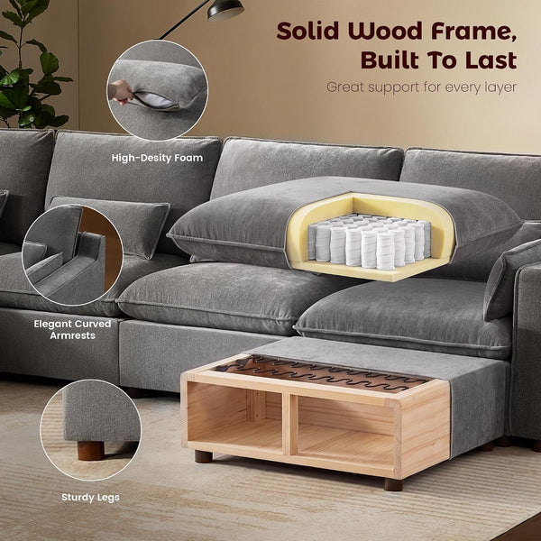 Modern Modular Sectional Sofa,105" V Shape Sectional Cloud Couch with Storage Ottoman,Comfty 6 Seat Sofa for Living Room,Grey Chenille5