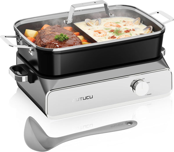 Slow Cooker 10 Quarts (2 X 5 Quarts) Pfoa-Free Ceramic Coating | Adjustable Temp Oven Safe to 450°F | Keep Warm Function for Large Family Gatherings (Includes Silicone Spoon)1