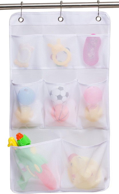 Mesh Shower Organizer Hanging Bathroom Caddy 8 Pockets Hang Curtain Rod with 3 Rings5