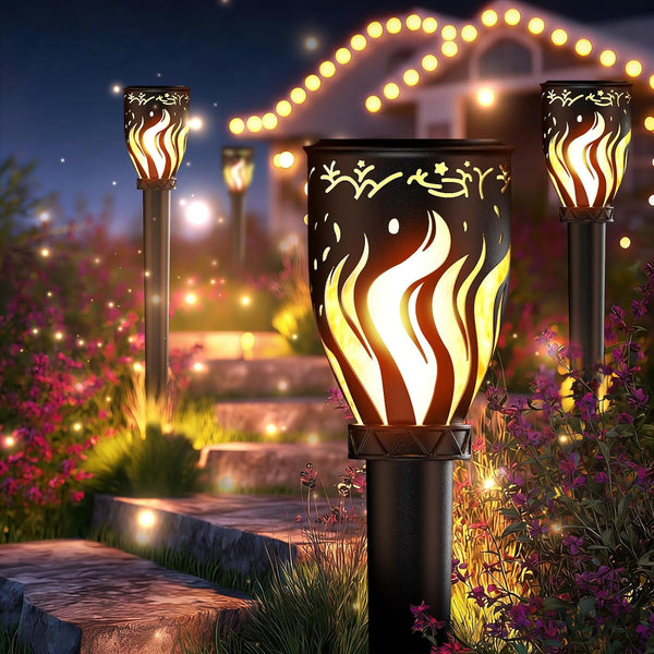 Solar Lights Outdoor 4 Pack - 40'' Solar Powered Pathway Lights with Flickering Flame, Ideal for Gardens, Pathways, Patio, Balcony, Pool - Christmas, Halloween & Year - round Decor1