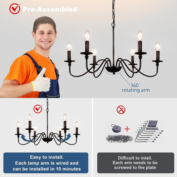 Farmhouse Chandelier for Dining Room: 6-Light Black Industrial Kitchen Island Pendant Light Fixture - Rustic Candle Chandeliers Vintage Modern Hanging Lamp for Bedroom Foyer Bulbs NOT Included3