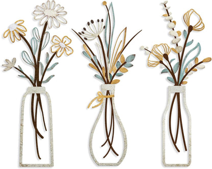 3 Pieces Metal Flowers Wall Art- Rustic Farmhouse Decor Minimalist Decor for Living Room Bathroom Bedroom Dining Room, Housewarming Gifts Christmas Decoration(Beige, Vase-C)1