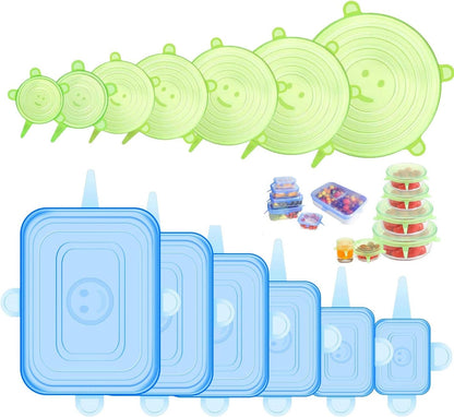 Silicone Stretch Lids for Food Storage in Fridge, 12 Pack Silicone Lids, Reusable Food Grade Silicone Bowl Covers for Cups, Bowls and Dish, 6 Sizes round and Rectangle Shape1