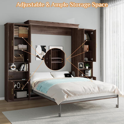 Queen Murphy Bed with 2 Side Cabinets, USB Port, Shelves, Walnut4