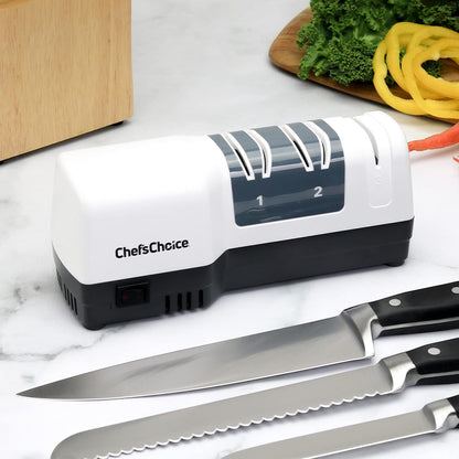 Chef'Schoice Hybrid Knife Sharpeners for 20-Degree Straight and Serrated Knives Combines Electric and Manual Sharpening with 100-Percent Diamond Abrasives and Precision Angle Guides, 3-Stage, White2