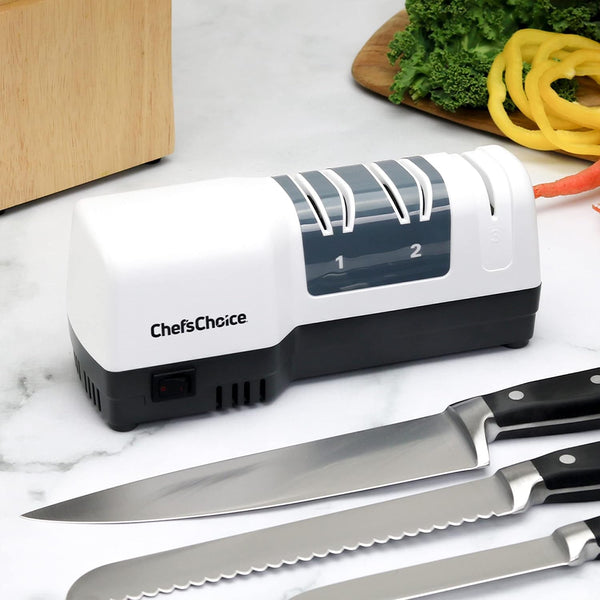 Chef'Schoice Hybrid Knife Sharpeners for 20-Degree Straight and Serrated Knives Combines Electric and Manual Sharpening with 100-Percent Diamond Abrasives and Precision Angle Guides, 3-Stage, White2
