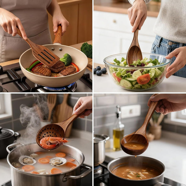 8 Piece Wooden Kitchen Utensils Set, Teak Wooden Spoons for Cooking4