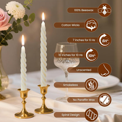 2PCS 7-Inch Pure Beeswax Spiral Taper Candles, Cream White, Dripless2