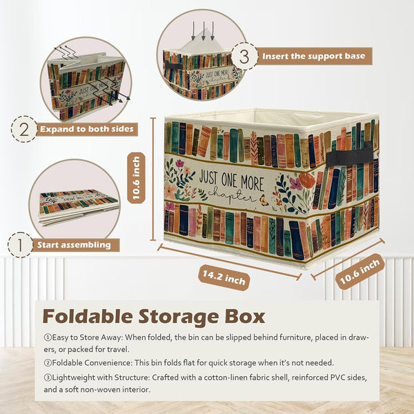 Floral Bookish Storage Box Bins, Book Lover Reader Gifts, Just One More Chapter Collapsible Storage Basket Organizer for Reading Room Corner Home Library Clothes Books3