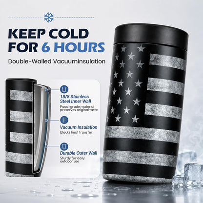 4-In-1 Slim Can Cooler Easy to Hold Insulated Beer Can Holder Double-Walled Stainless Steel for All 12 Oz Cans Black America Flag 25