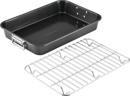 Bakeware Nonstick Roaster with Flat Rack, Roasting Pan with Rack for Home Cooking, 11-Inch X 15-Inch, Gray11