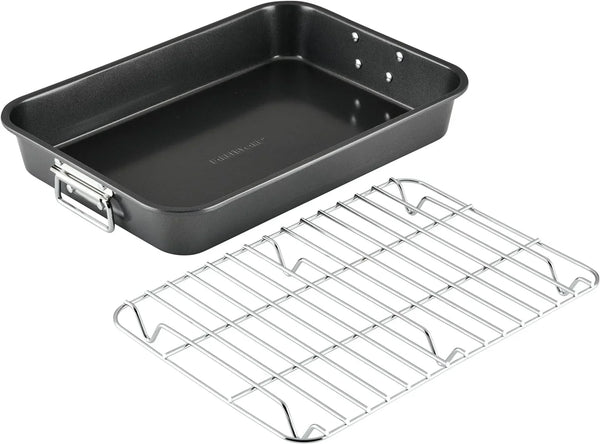 Bakeware Nonstick Roaster with Flat Rack, Roasting Pan with Rack for Home Cooking, 11-Inch X 15-Inch, Gray11