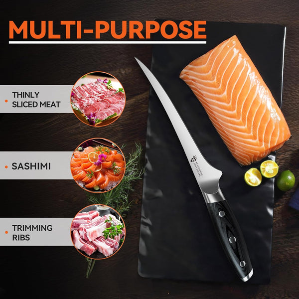 Fillet Knife, 7 Inch Professional Fish Boning Knife for Trimming Meat & Poultry, Flexible Blade, High Carbon German Steel, Full Tang Handle - Black Hawk Series7