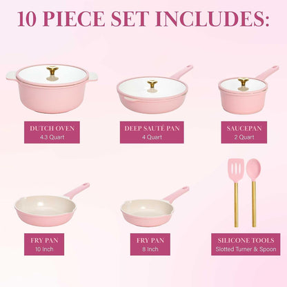 Ceramic Nonstick Pots and Pans, Cookware Set, Cast Aluminum with Dual Layer Non Stick Coating, Made without PFAS PFOA PFOS and PTFE, Dishwasher Safe, 10-Piece, Pink3