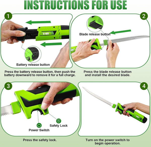12V Cordless Electric Fillet Knife, 8" Flexible & 10" Rigid Blades, 2X 1500Mah Batteries, 1.5H Fast Charger, Safety Lock, Non-Slip Handle, Carry Case for Outdoor Fishing Filleting, Green2