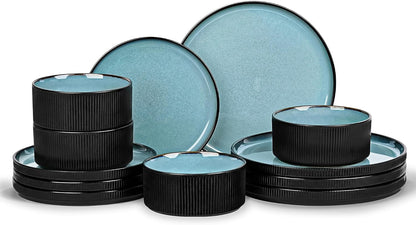12 Pcs Reactive Glaze Teal Stoneware Dinnerware Sets for 41