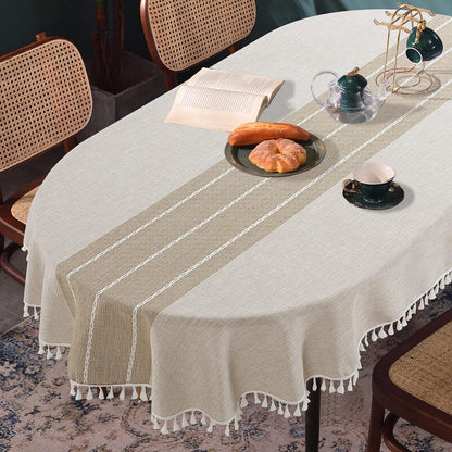 Solid Embroidery Oval Tablecloth with Tassels for Oval Table, 52 X 70 Inch Lace Dust-Proof Table Cover for Kitchen Dinning, Wrinkle Free Anti-Fading Tabletop Decoration1