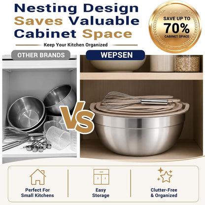 Mixing Bowls Set, 25PCS Khaki Mixing Bowls with Lids Set Stainless Steel Kitchen Large Nesting Metal Bowl 7QT to 1.5QT, Measuring Cups and Spoons for Prepping Cooking Serving3