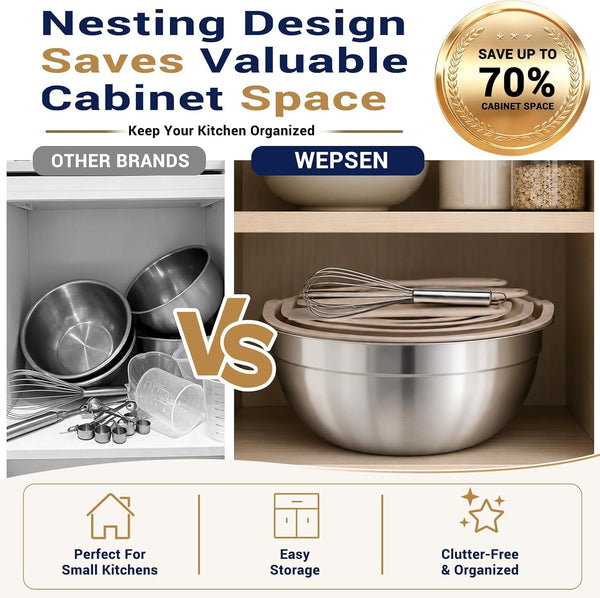 Mixing Bowls Set, 25PCS Khaki Mixing Bowls with Lids Set Stainless Steel Kitchen Large Nesting Metal Bowl 7QT to 1.5QT, Measuring Cups and Spoons for Prepping Cooking Serving3