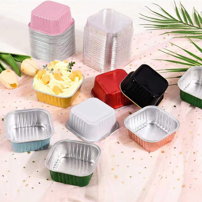 50 Pack Mini Cake Pans with Lids and Spoons,5Oz Square Aluminum Foil Brownie Baking Cups,Small Cake Tins,Individual Cake Pans with Lids for Wedding Birthday Party (Pink)4