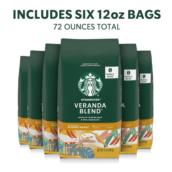Starbucks Whole Bean Coffee Veranda Blend Blonde Roast, 6 Bags 12 Oz | 100% Arabica Whole Bean Coffee; Starbucks Blonde Roast Veranda Blend; 6 Bags, 12 Oz Each (72 Oz Total)2