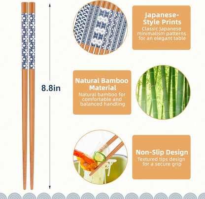 5 Pairs Natural Bamboo Chopsticks Reusable Classic Japanese Style Chop Sticks Gift Sets, Dishwasher Safe, 8.8 Inch/22.5Cm2