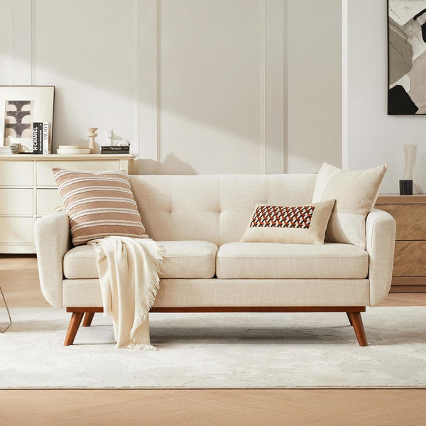 65.2" W Loveseat Sofa, Mid Century Modern Decor Love Seat Couches for Living Room, Button Tufted Upholstered Furniture, Easy to Install Small Couch for Bedroom Office Apartment, Beige1