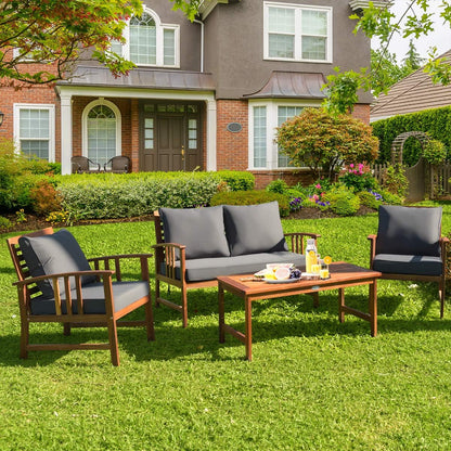 4 Pieces Acacia Wood Patio Furniture Set, Outdoor Seating Chat Set with Gray Cushions & Back Pillow, Conversation Set with Coffee Table, Ideal for Garden, Backyard, Poolside2