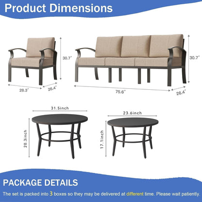 Aluminum Patio Furniture Set with 2 round Coffee Tables, 5 Seats Outdoor Patio Conversation Sets W/5.1" Cushions,Patio Conversation Sets for Garden, Backyard, Porch-Sand2