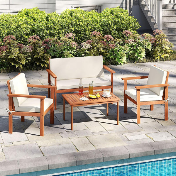 Wood Patio Furniture Set - 4-Piece Acacia Conversation Outdoor Furniture W/Chairs, Loveseat, Coffee Table, Back & Seat Cushions, Wooden Sectional Sofa Set for Porch Pool Garden Backyard (1)2