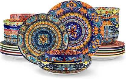 24-Piece Dinnerware Sets,Plates & Bowls Sets Service for 6, Bohemian Porcelain Dishes Set for 6, Kitchen Dinner Set,Microwave & Dishwasher Safe, Scratch Resistant,Series KRVI1