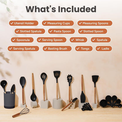 Silicone Kitchen Utensils Set, 22-Piece Acacia Wood Handle, Black2