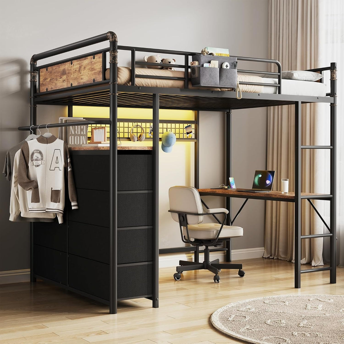 twin-loft-bed-with-desk-and-8-storage-drawers-metal-loft-bed-twin-size-with-led-lights-charging-station-bed-frame-with-hanging-rod-safety-guardrail-ladder-for-kids-teens-rustic-brown