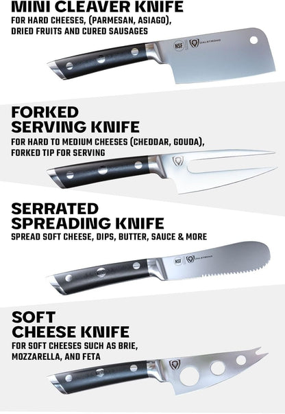 Charcuterie & Cheese Knife Set-4Pc-Gladiator Series Elite-Mini Cleaver, Serrated,Round-Tip,Forked Cheese Knives Set-G10 Handle-Soft & Hard Cheese-Sheath-Nsf Certified4