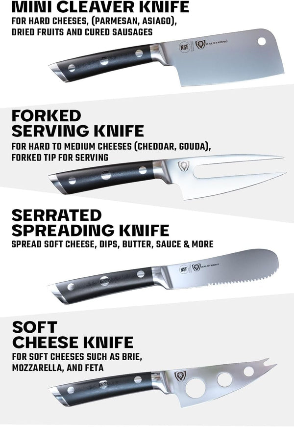 Charcuterie & Cheese Knife Set-4Pc-Gladiator Series Elite-Mini Cleaver, Serrated,Round-Tip,Forked Cheese Knives Set-G10 Handle-Soft & Hard Cheese-Sheath-Nsf Certified4