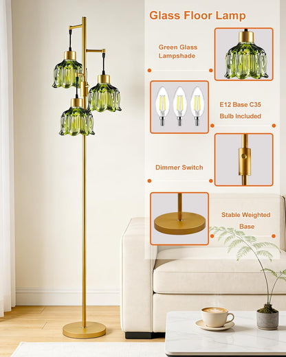 Floral Floor Lamp Dimmable Floor Flower Lamp Green Glass Shade | Gold Tall Lamp 3-Light Bulbs Included,Mid Century Standing Lamp with 5Lbs Heavy Base for Living Room/Bedroom/Sofa Beside3