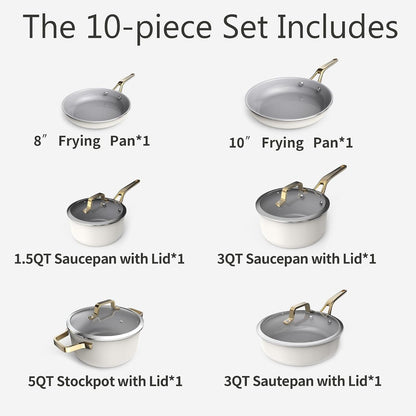 White 10 Piece Ceramic Cookware Set | Pots Pans for Family Meals | Include Saucepan, Saute Pan, Stockpot, Frying Pans, Oven Safe to 480°F, Dishwasher Safe, Non-Toxic PFAS Free, Induction Bases4