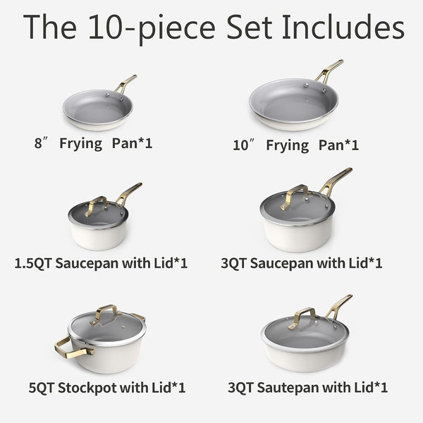 White 10 Piece Ceramic Cookware Set | Pots Pans for Family Meals | Include Saucepan, Saute Pan, Stockpot, Frying Pans, Oven Safe to 480°F, Dishwasher Safe, Non-Toxic PFAS Free, Induction Bases4