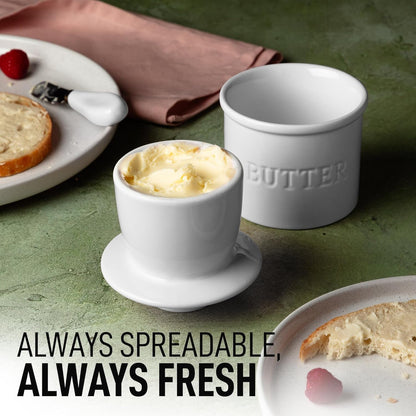 Bell Shaped Butter Crock with Lid for Countertop with Water Line & Spreader Knife, Ceramic French Butter Dish Keeper for Fresh, Soft & Spreadable Butter - White3