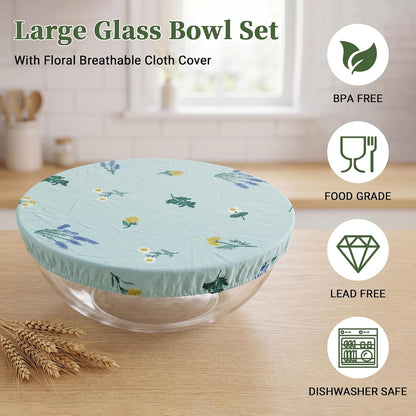 Glass Mixing Bowls 6.3 QT with Reusable Beeswax Bowl Covers for Sourdough Bread Making, 12 Inch Thickened Clear Large Salad Bowls for Kitchen Baking, Food Prep, Prepping, Microwave & Dishwasher Safe3