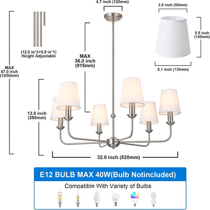 6-Light Modern Chandeliers with Linen Fabric Shades E12 Base6