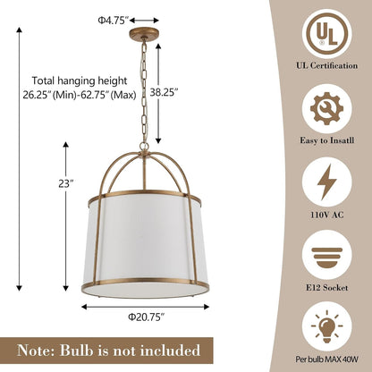 Rustic Modern Chandelier for Entryway, Dining Room Chandelier with Off-White Fabric Shade, Gold Pendant Light Fixture for Bedroom Kitchen Farmhouse5