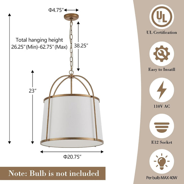 Rustic Modern Chandelier for Entryway, Dining Room Chandelier with Off-White Fabric Shade, Gold Pendant Light Fixture for Bedroom Kitchen Farmhouse5