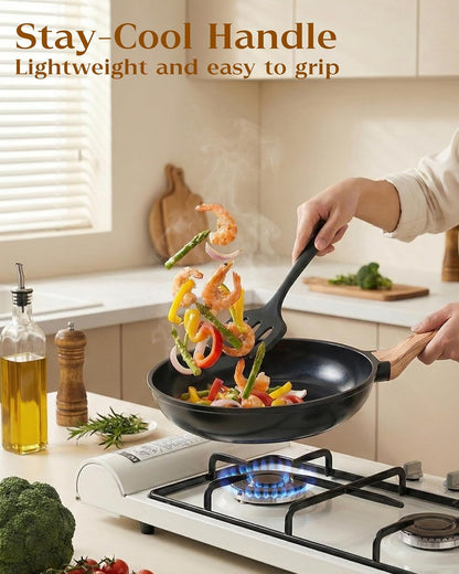 16Pcs Titanium Pots and Pans Set,Toxic-Free Cookware Set, Dishwasher & Oven Safe, Induction Compatible with Bakelite Wood Grain Handle, Compact and Durable7