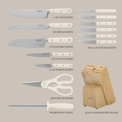 Eastwalk 14 Piece High Carbon Stainless Steel Cutlery Kitchen Knife Block Set W/Abs Triple Riveted Forged Handle Acacia Wood Block - Linen White6