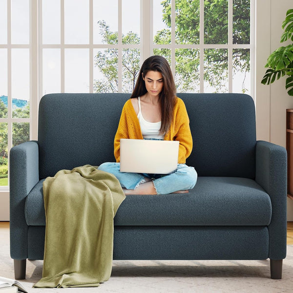 Loveseat, 51" Small Couch, Comfy Teddy Love Seat for Living Room, Tool-Free Setup Loveseat Sofa for Small Spaces, All-Wood Small Sofa Couch for Bedroom, No Pillow Included, Blue Grey1
