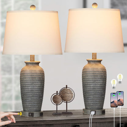 25" Farmhouse Jar Table Lamps Set of 2, 3 Way Touch Control Rustic Bedside Lamps with USB A+C Ports & AC Outlet, Pot Nightstand Lamps for Bedroom Living Room (LED Bulbs Included)9
