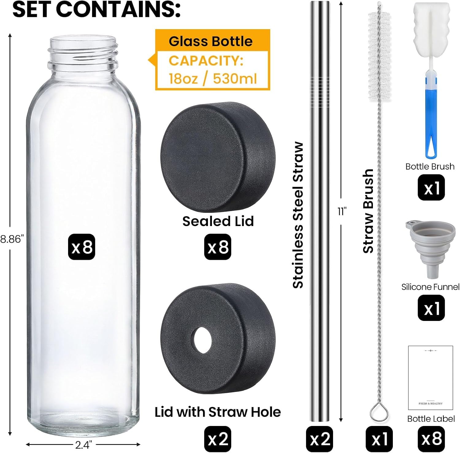 upgraded-lid-8-pack-18-oz-glass-juice-bottles-with-8-airtight-lids-2-straw-hole-lids-2-straws-reusable-drinking-jar-clear-water-bottles-for-juicing-smoothies-refrigerator-travel-bpa-free