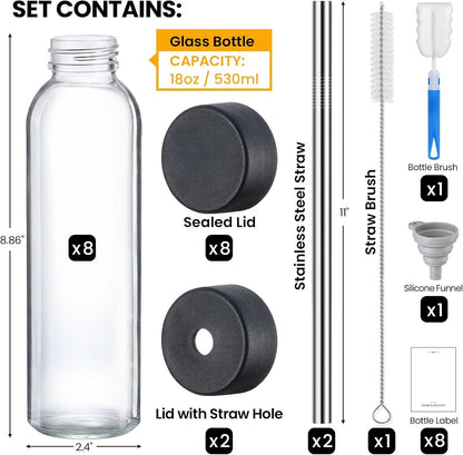 [UPGRADED LID] 8 Pack 18 Oz Glass Juice Bottles with 8 Airtight Lids &2 Straw Hole Lids &2 Straws, Reusable Drinking Jar, Clear Water Bottles for Juicing, Smoothies, Refrigerator & Travel - BPA Free2